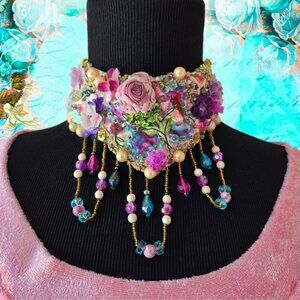 Vintage Style Victorian Rainbow Butterfly Rose Choker